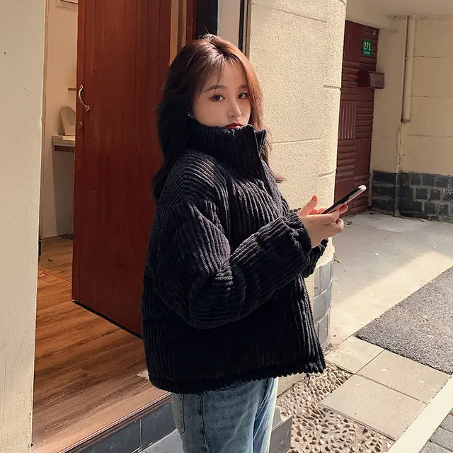 Loose corduroy padded jacket Black - Shop at LoveMi