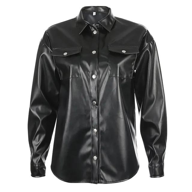 Motorcycle Cool Girl Leather Shirt With Metal Buckle Top Black - Shop at LoveMi