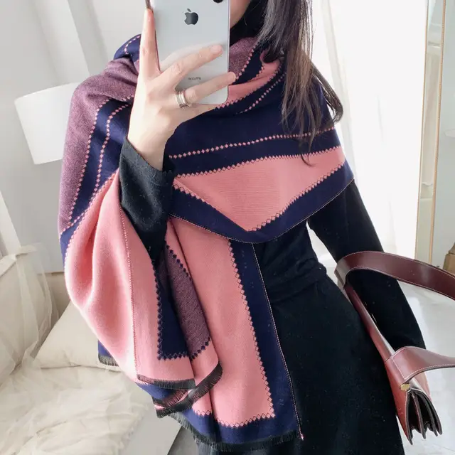 Cashmere Scarf Lady Shawl Navy Pink - Shop at LoveMi