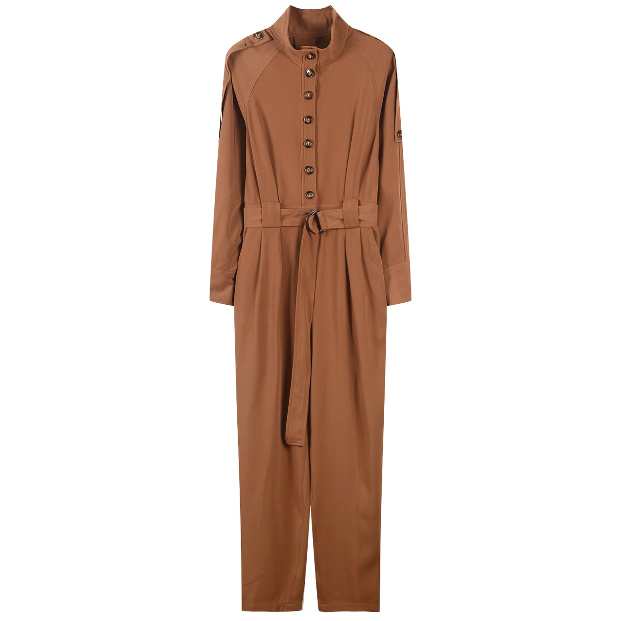 All-Match Loose-Fitting Belted Long-Sleeved Jumpsuit - Brown
