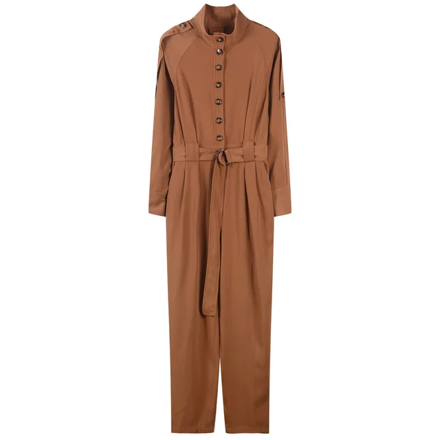 All Match Loose Fitting Belted Long Sleeved Jumpsuit Brown - Shop at LoveMi