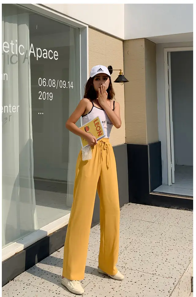 Chiffon Thin Straight Long Pants Yellow - Shop at LoveMi