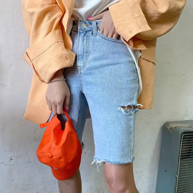 Five point pants high waist jeans stretch denim shorts Blue - Shop at LoveMi