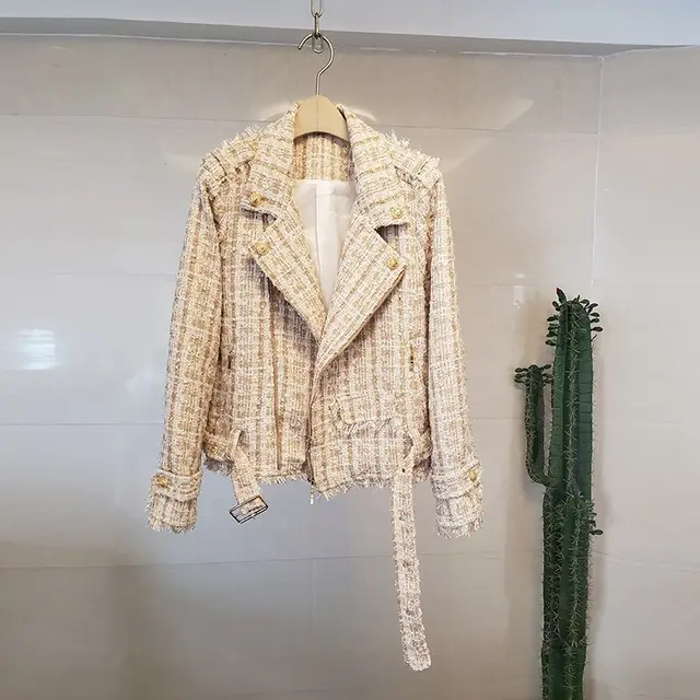 Tweed motorcycle zipper small fragrance jacket Khaki - Shop at LoveMi