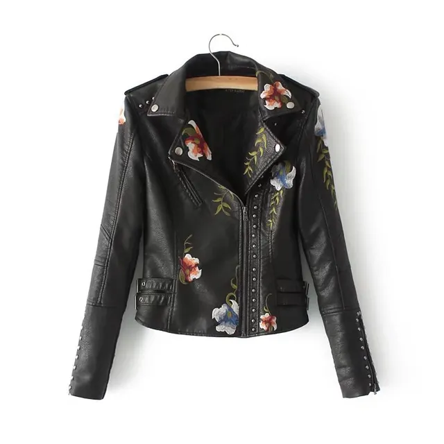 Fashion Rivet Flower Embroidered PU Leather Jacket Black - Shop at LoveMi
