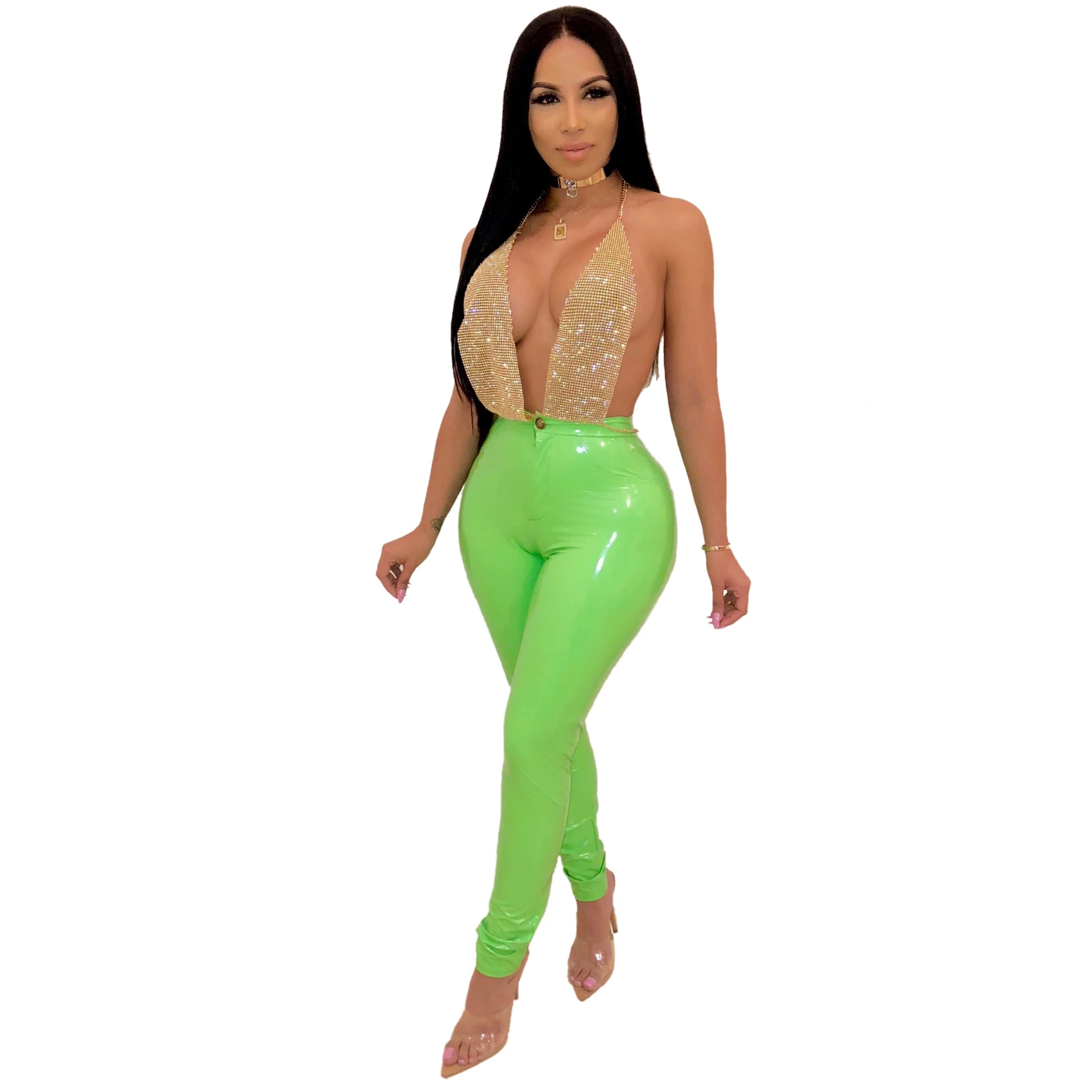High elasticity plus velvet thick PU leather pants - Light Green