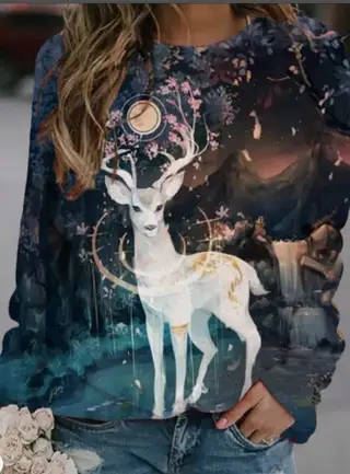 Popular women's landscape print long-sleeved T-shirt top - Color