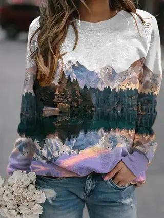 Popular women's landscape print long-sleeved T-shirt top - White