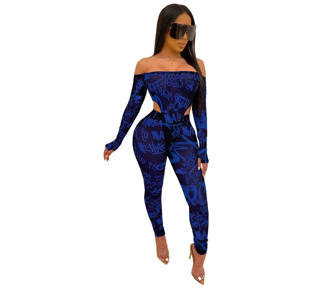 Letter print sexy word shoulder mesh suit - Blue
