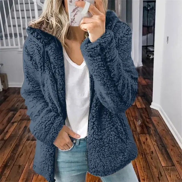 Women's Casual Hooded Woolen Jacket Blue - Shop at LoveMi