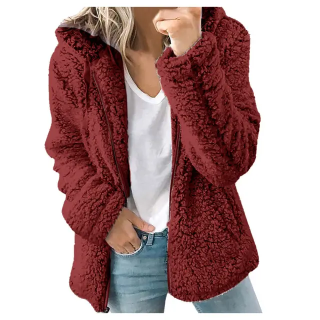 Women's Casual Hooded Woolen Jacket Red - Shop at LoveMi