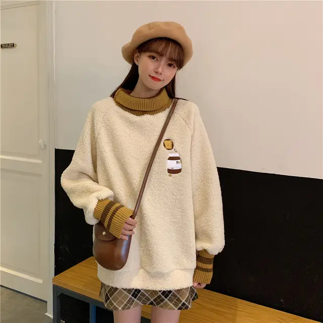 Embroidered high neck pullover loose long sleeve sweater Apricot - Shop at LoveMi