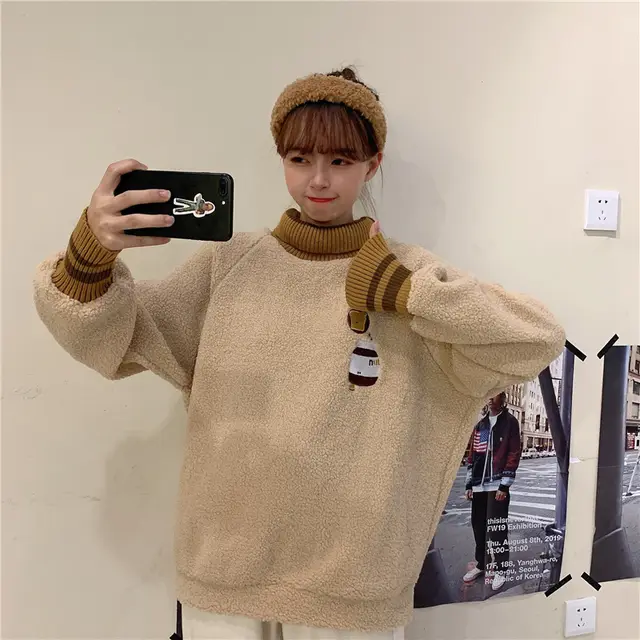 Embroidered high neck pullover loose long sleeve sweater Khaki - Shop at LoveMi
