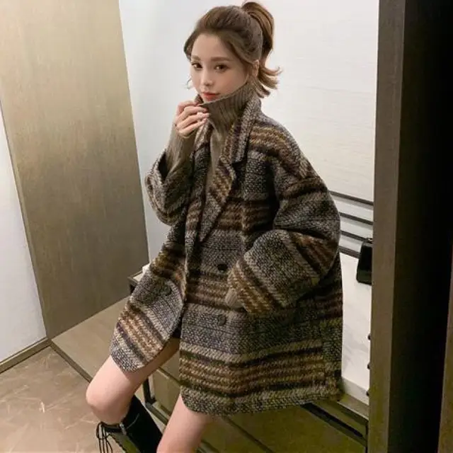 Loose small plaid tweed mid length thick woolen coat Brown - Shop at LoveMi