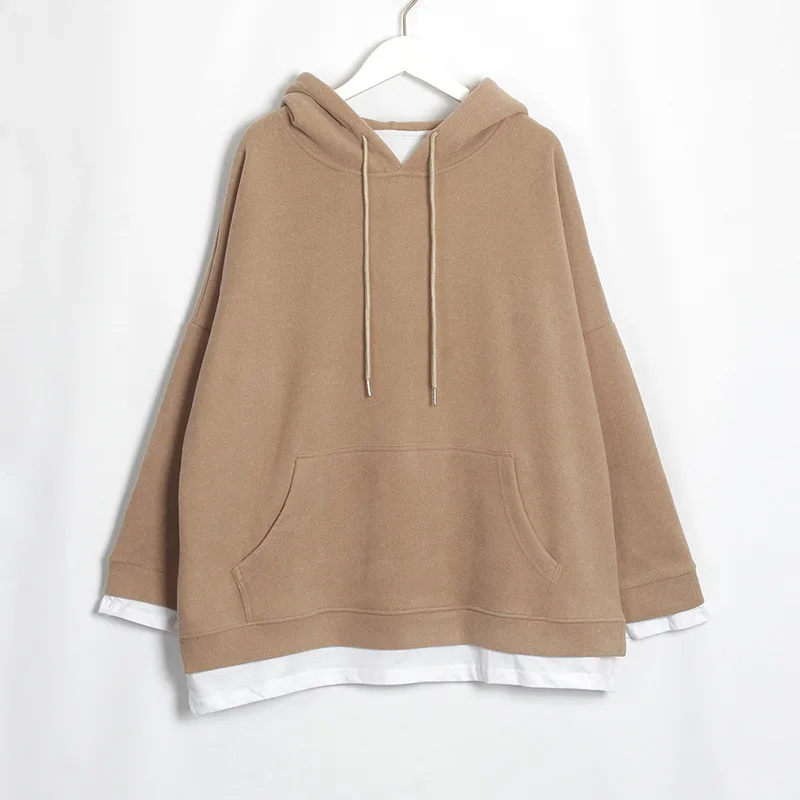 Long Sleeve Cartoon Round Neck Pullover Cotton Hooded Brown Solid Color Sweater - Khaki