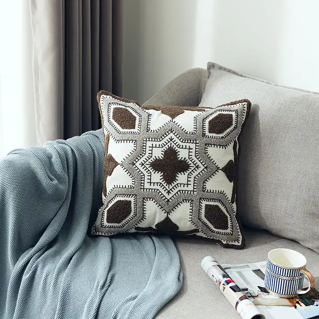 Scandinavian Style Three dimensional Towel Embroidery Geometric Pattern Sofa Cushion Cover Brown - Shop at LoveMi