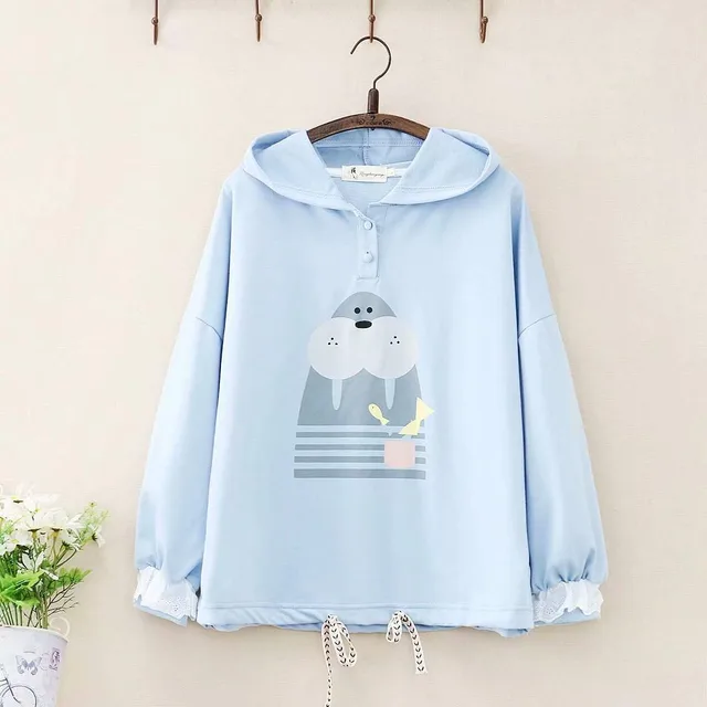 Hooded Sweater Coat Women's Long Sleeve Pullover Hoodie Loose Blue - Shop at LoveMi