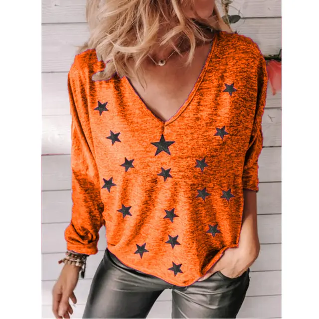 Star Print V Neck Long Sleeve Women T Shirt Purple - Shop at LoveMi
