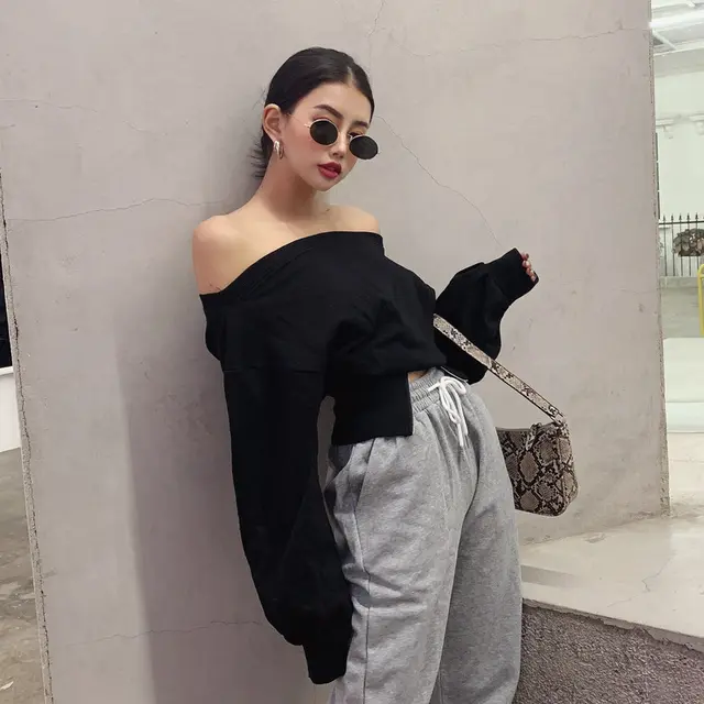 Women's Bottoming Blouse One Shoulder Two Wear Long Sleeved Autumn Sweater Black - Shop at LoveMi