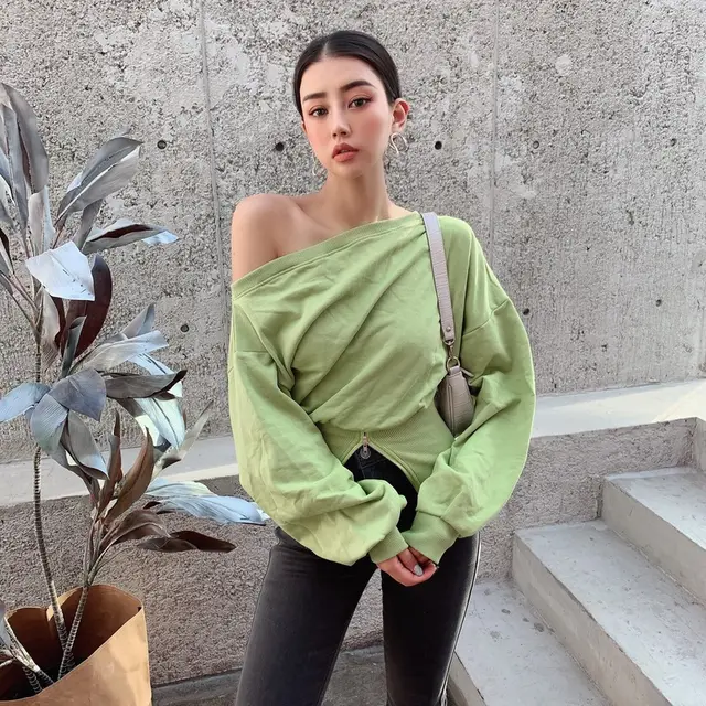 Women's Bottoming Blouse One Shoulder Two Wear Long Sleeved Autumn Sweater Green - Shop at LoveMi