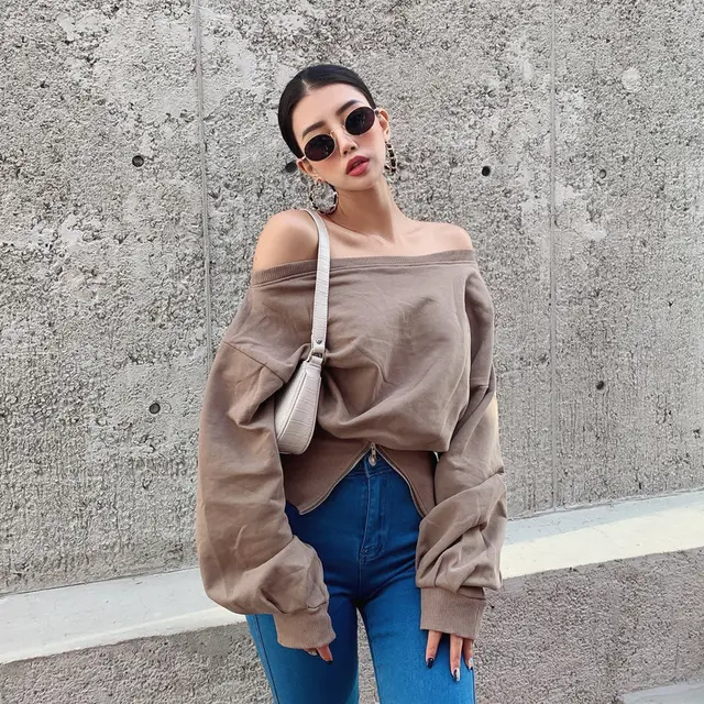 Women's Bottoming Blouse One Shoulder Two Wear Long Sleeved Autumn Sweater Khaki - Shop at LoveMi