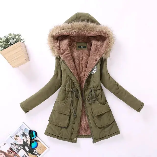 Autumn and Winter Plus Size Hooded Mid length Cotton Jacket Army Green - Shop at LoveMi