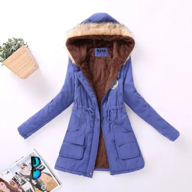 Autumn and Winter Plus Size Hooded Mid length Cotton Jacket Royal - Shop at LoveMi
