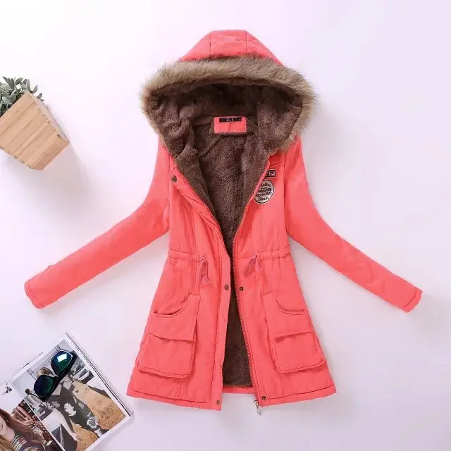 Autumn and Winter Plus Size Hooded Mid length Cotton Jacket Watermelon Red - Shop at LoveMi