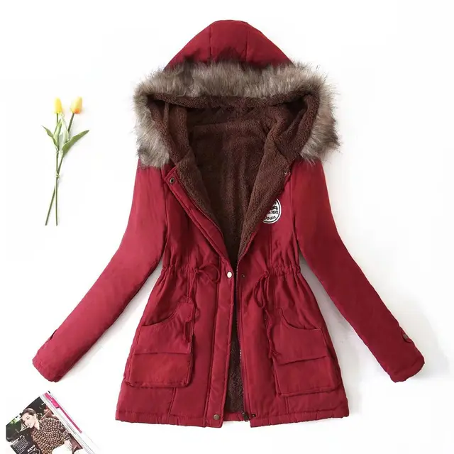 Autumn and Winter Plus Size Hooded Mid length Cotton Jacket Wine Red - Shop at LoveMi
