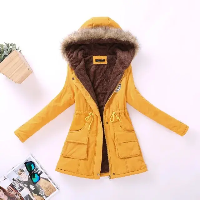 Autumn and Winter Plus Size Hooded Mid length Cotton Jacket Yellow - Shop at LoveMi