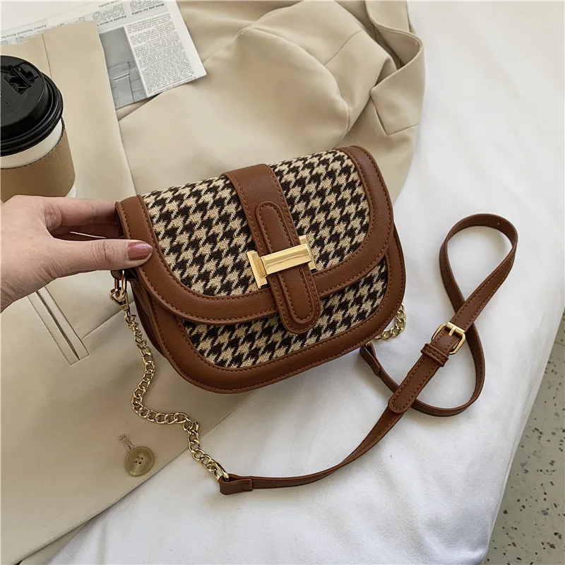 Fashion Chain Crossbody Bag All Match Ins Woolen Saddle Bag Brown - Shop at LoveMi