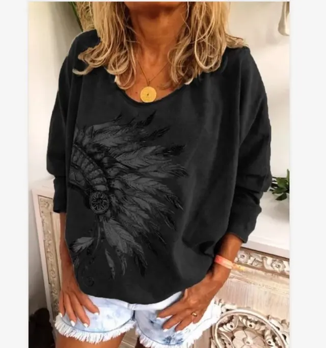 New Printed Feiling Long Sleeve Crew Neck Shirt Black - Shop at LoveMi