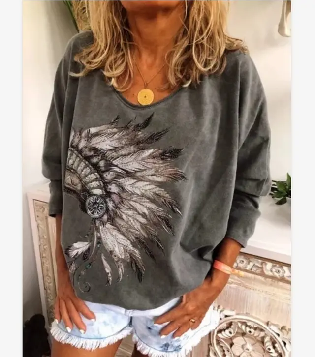New Printed Feiling Long Sleeve Crew Neck Shirt Grey - Shop at LoveMi