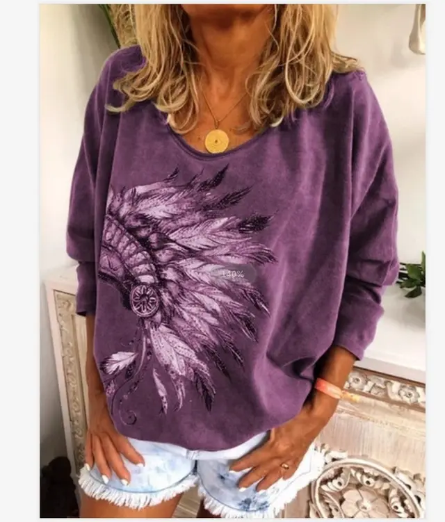 New Printed Feiling Long Sleeve Crew Neck Shirt Purple - Shop at LoveMi