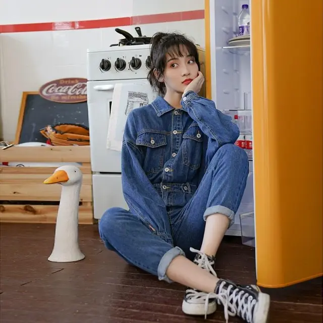Spring and Autumn High Waist Slimming Denim Jumpsuit Women Blue - Shop at LoveMi