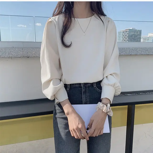 New All Match Round Neck Long Sleeved Women's Blouse, Western Style Design, Niche Western Style, Age Reduction Beige - Shop at LoveMi