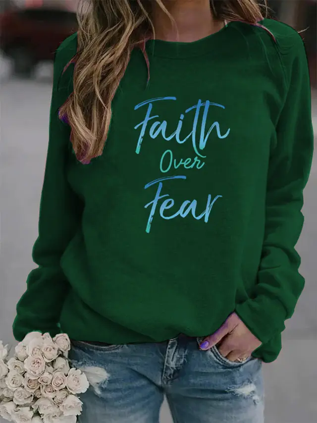 Letter Print Hoodie Women Wool Long Sleeve O Neck Loose Sweatshirt Green - Shop at LoveMi