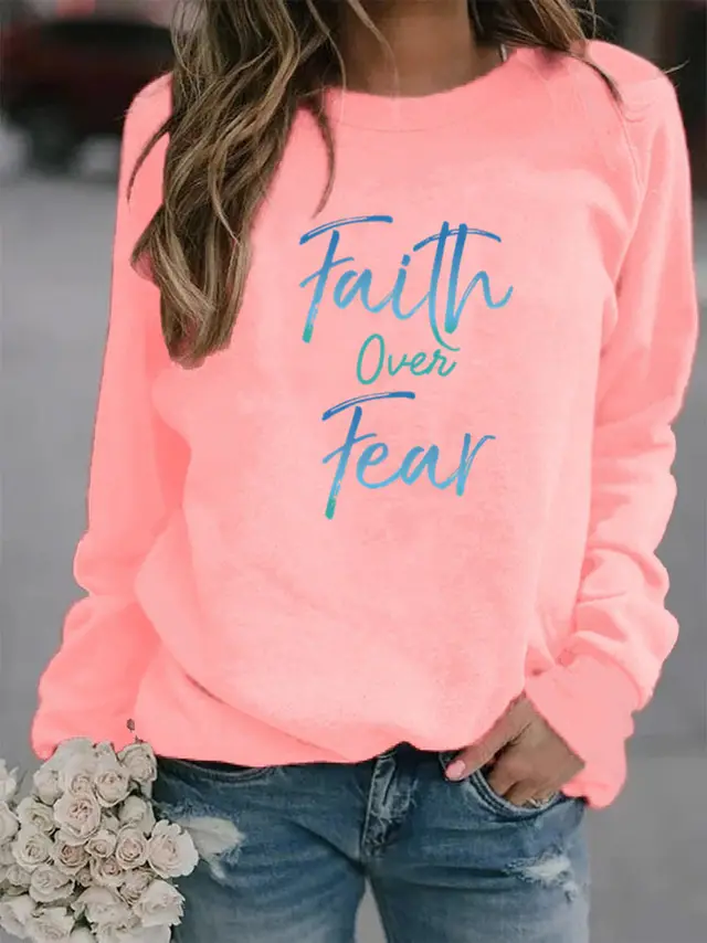 Letter Print Hoodie Women Wool Long Sleeve O Neck Loose Sweatshirt Pink - Shop at LoveMi