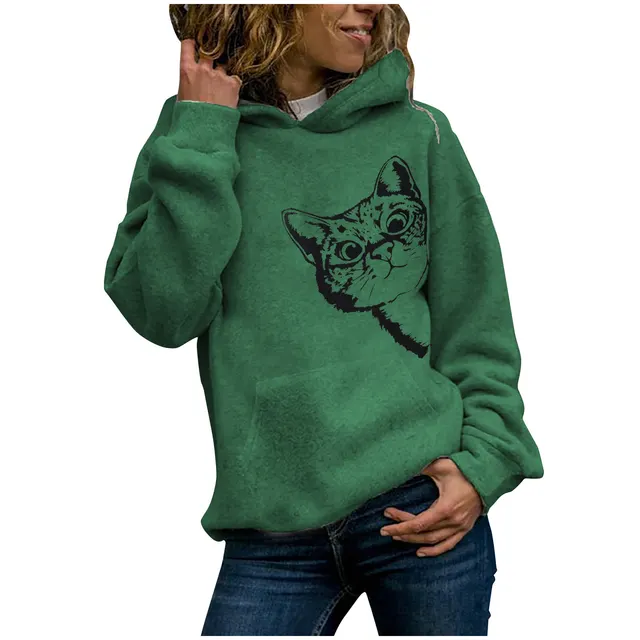 Cat Pattern Printed Long Sleeved Hooded Sweater Women Green - Shop at LoveMi