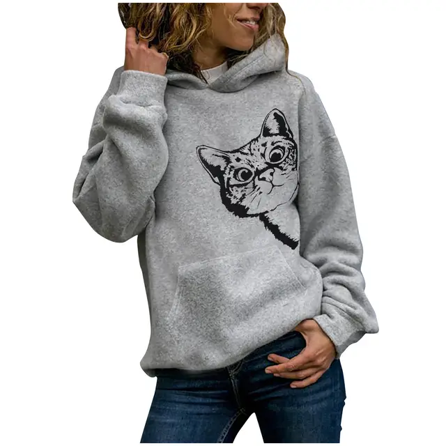 Cat Pattern Printed Long Sleeved Hooded Sweater Women Grey - Shop at LoveMi