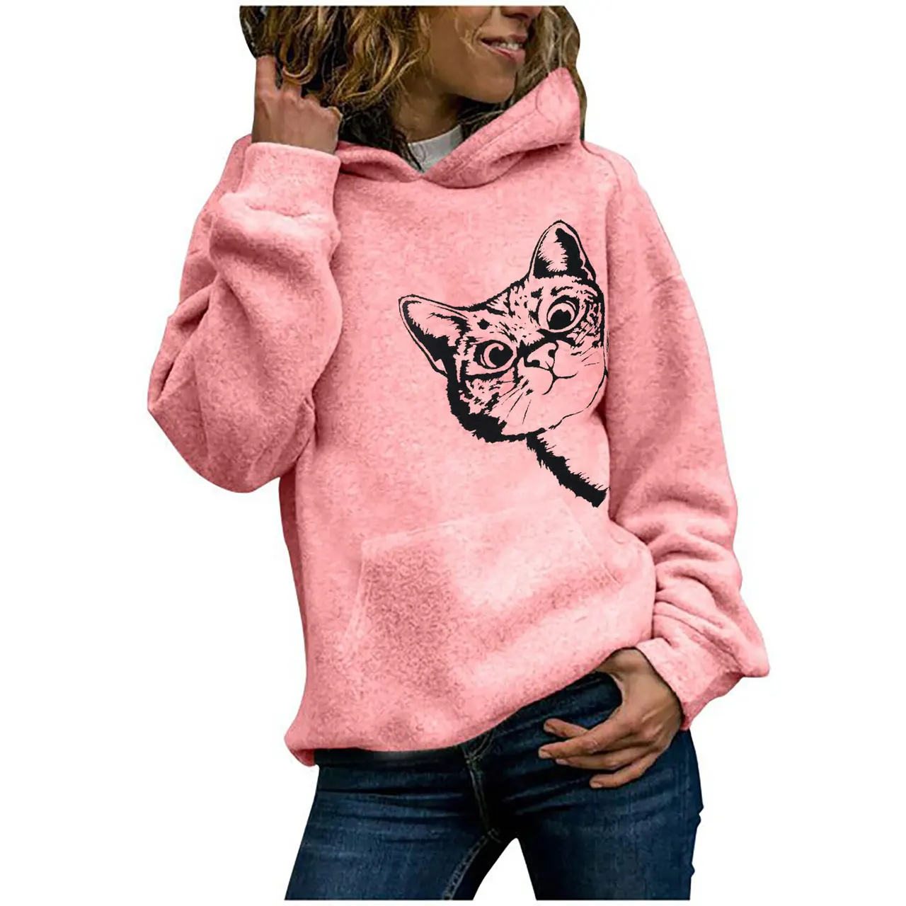 Cat Pattern Printed Long-Sleeved Hooded Sweater Women - Pink