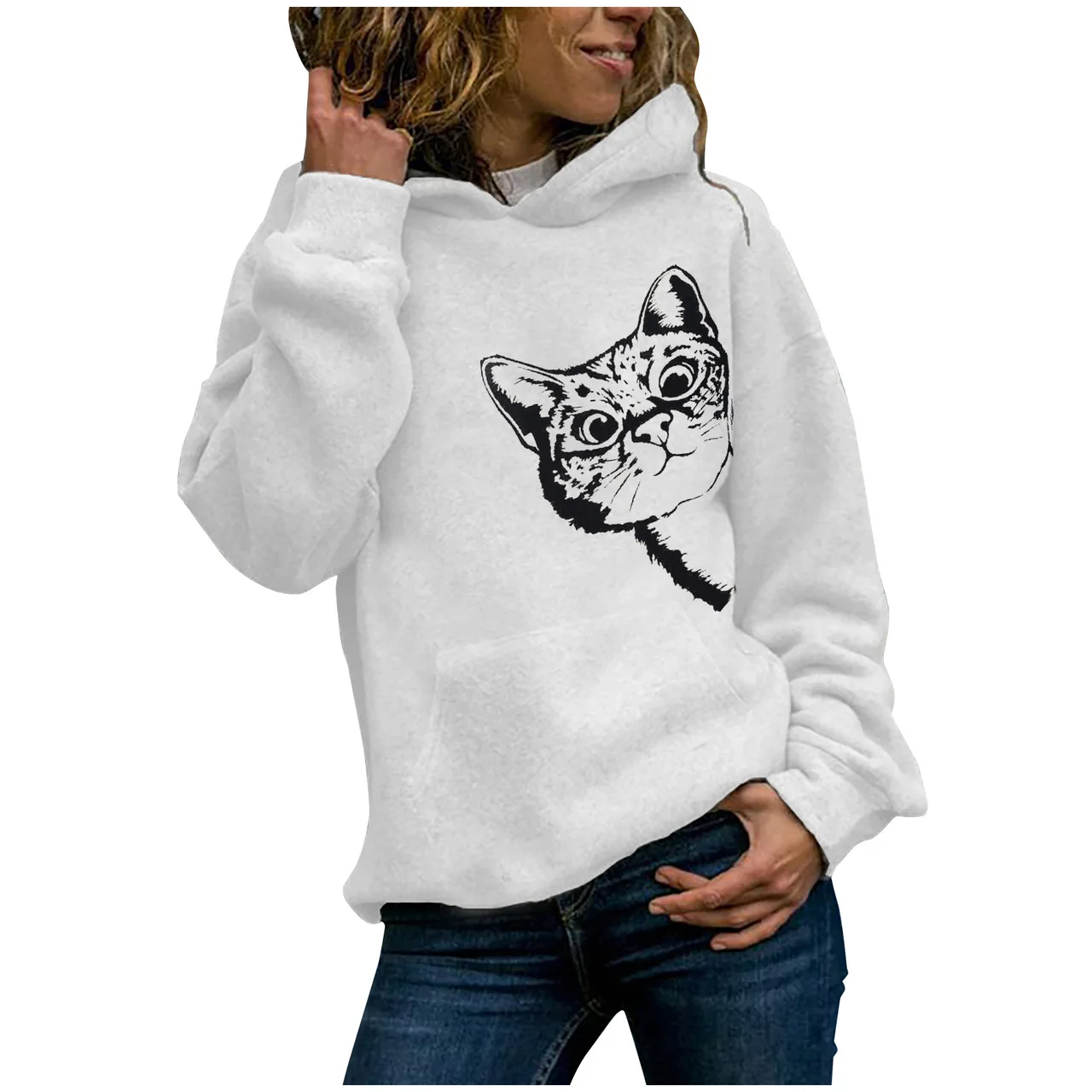 Cat Pattern Printed Long-Sleeved Hooded Sweater Women - White