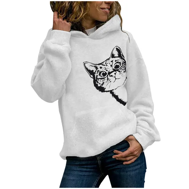 Cat Pattern Printed Long Sleeved Hooded Sweater Women White - Shop at LoveMi