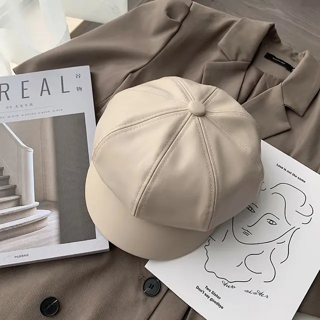 Leather Beret Octagonal Hat Female Autumn And Winter Beige - Shop at LoveMi