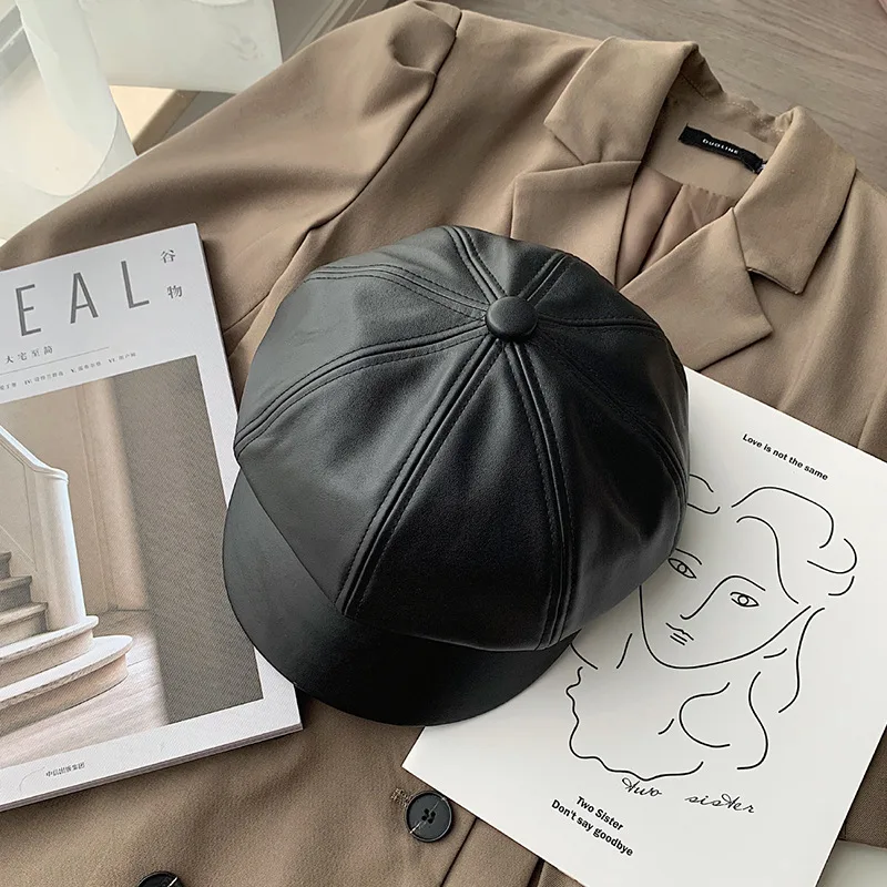 Leather Beret Octagonal Hat Female Autumn And Winter Black - Shop at LoveMi