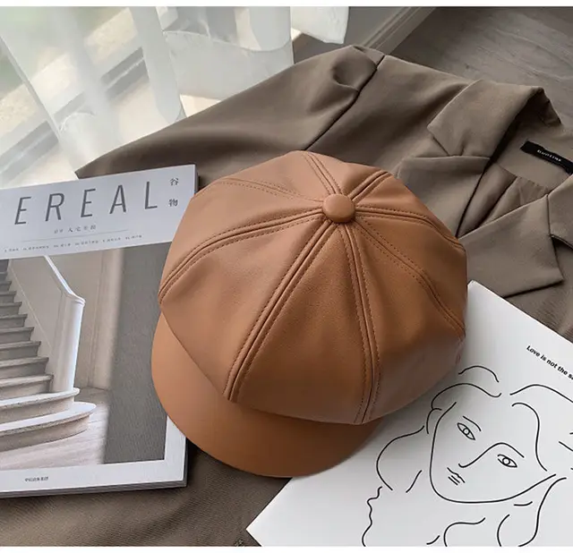 Leather Beret Octagonal Hat Female Autumn And Winter Khaki - Shop at LoveMi