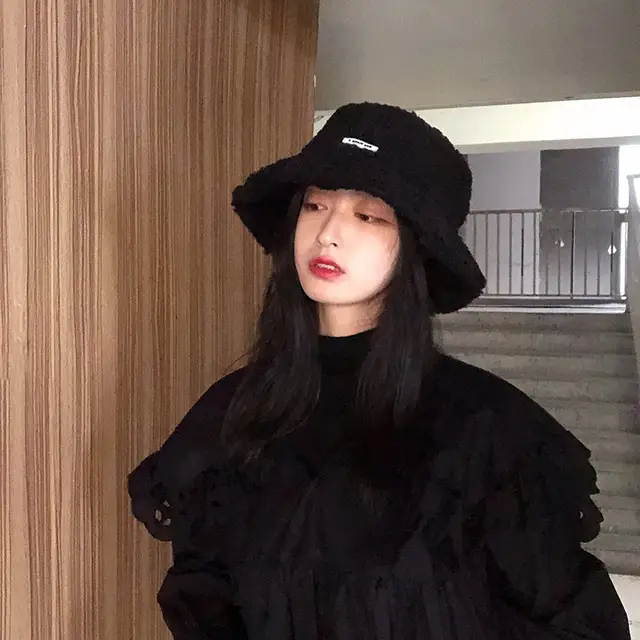Fisherman Hat Female Autumn And Winter All Match Round Face Warmth And Velvet Imitation Lamb Hair Plush Basin Hat Black - Shop at LoveMi