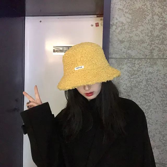 Fisherman Hat Female Autumn And Winter All Match Round Face Warmth And Velvet Imitation Lamb Hair Plush Basin Hat Yellow - Shop at LoveMi