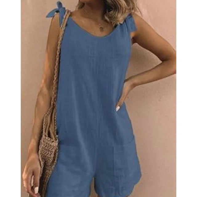 Solid Color Cotton And Linen Padded Pocket Fashion Jumpsuit Blue - Shop at LoveMi
