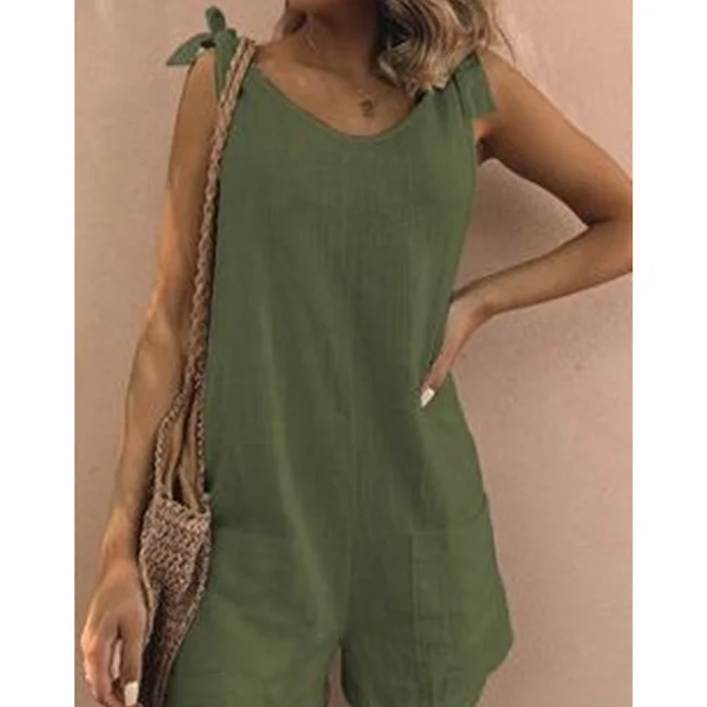 Solid Color Cotton And Linen Padded Pocket Fashion Jumpsuit Green - Shop at LoveMi